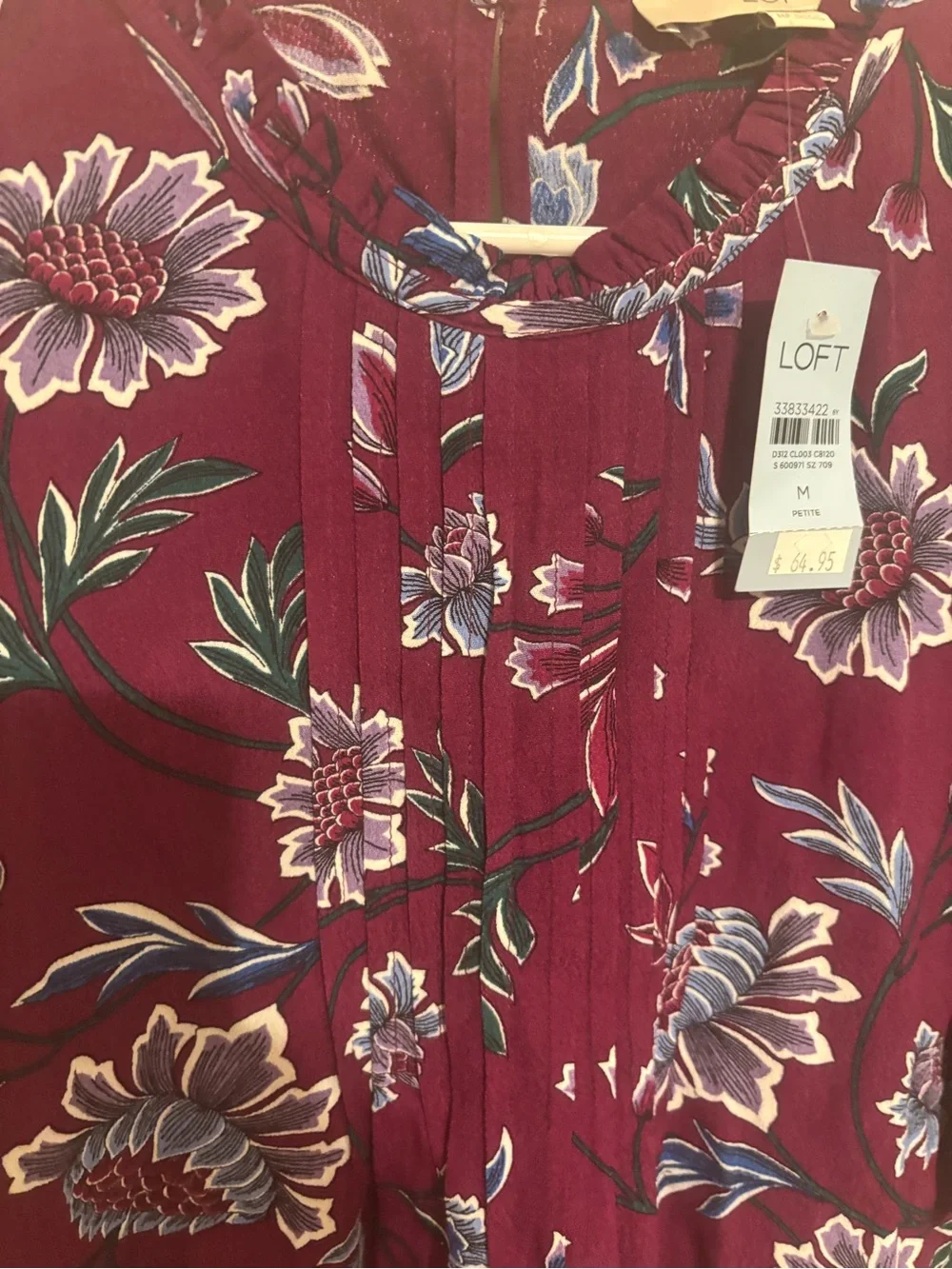 LOFT Plum Floral Ruffle-Neck Blouse